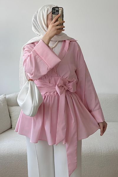 Salih Çelebi Kimono Sleeve Bow Tunic 1613 - Pink