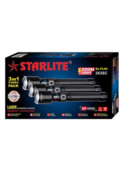 Generic STARLITE 3-in-1 SL-FL90 Rechargeable LED Flashlight Set 30W Laser Light, 2000 Lumens, 12000mAh