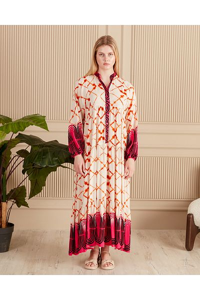 EL jadida Women's Patterned Plus Size Hijab Viscose Dress Orange Fuchsia Orange
