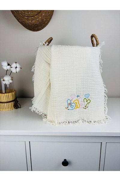 NOİSY TEKSTİL Ecru Muslin Embroidered 100% Cotton 4 Layer Muslin Baby Blanket Multi-Purpose Cover 110X110 cm Oeko-Tex