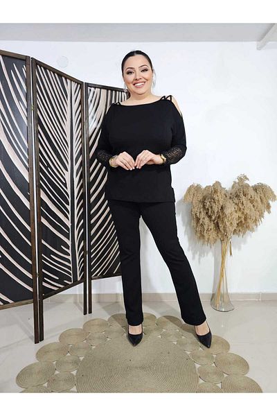 BİrHoşButik Plus Size Lycra Imported Viscosa Fabric Sleeves Lace Off the Shoulder Boat Necklace Sweat-Free Trending Bluz