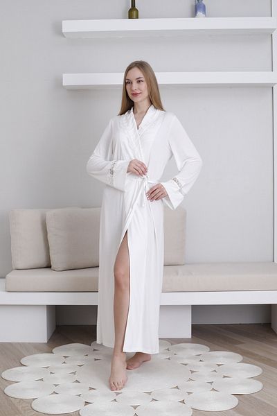 ERDENİZ TEKSTİL Lace Detailed Women's Dressing Gown / Shawl Collar Tie Waist / Cotton Stretch Fabric