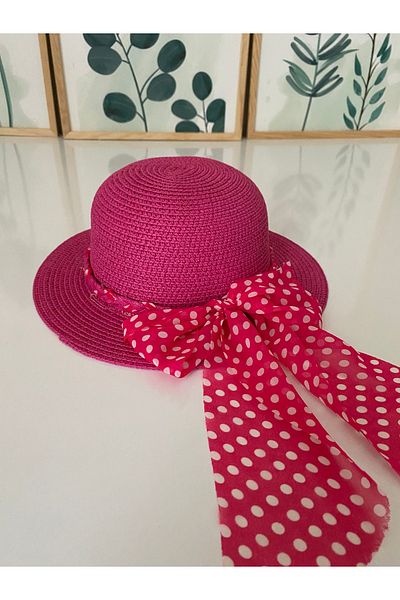 Petek Collection Straw Beach Children's Hat with Bow Accessory (1-6 Years) Fuchsia
