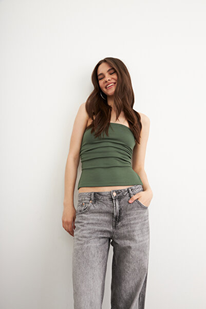 Bipantolon Women's Khaki Strapless Side Slit Modal Soft Textured Blouse