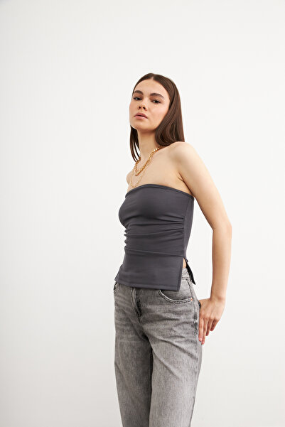 Bipantolon Women's Anthracite Strapless Modal Soft Textured Blouse with Side Slits