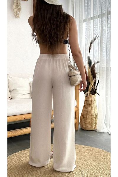 jsshop collection Hawaii Women's Linen High Waist Wide Cut Summer Trousers with Elastic Waistband and Pockets
