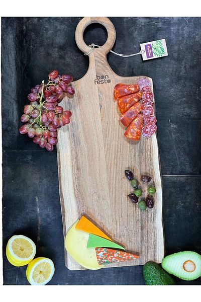 bonfesto Tocător dreptunghiular cu mâner suspendat, din lemn de salcâm, 60 x 25 x 1,5 cm