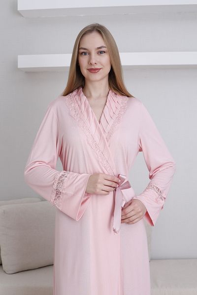 ERDENİZ TEKSTİL Lace Detailed Women's Dressing Gown / Shawl Collar Tie Waist / Cotton Stretch Fabric