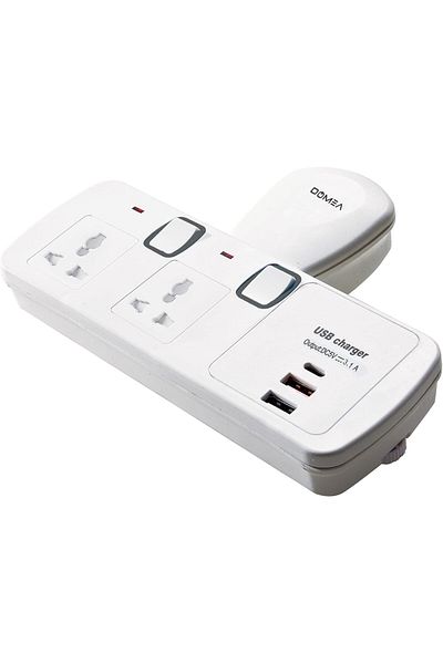 DOMEA Power Adapter with 2 Universal Sockets, 2 USB Ports (3.1A Output), 1 C-Type Port, Individually