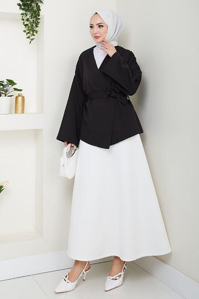 InStyle Belted Single Button Double Kimono Black