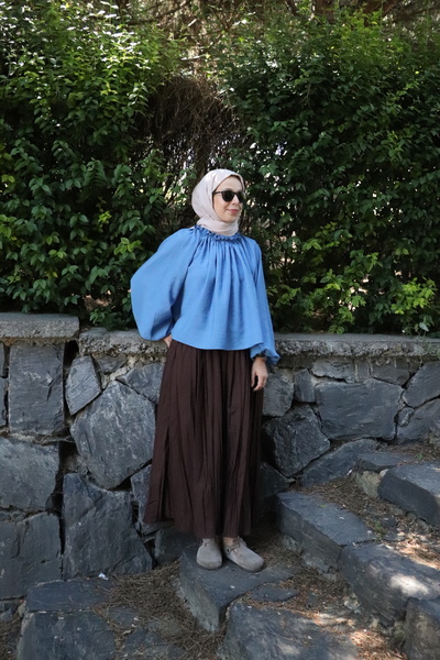 ilmek 25030 Γυναικεία μπλούζα με κορδόνια με πτυχωτό ύφασμα με πτύχωση Indigo