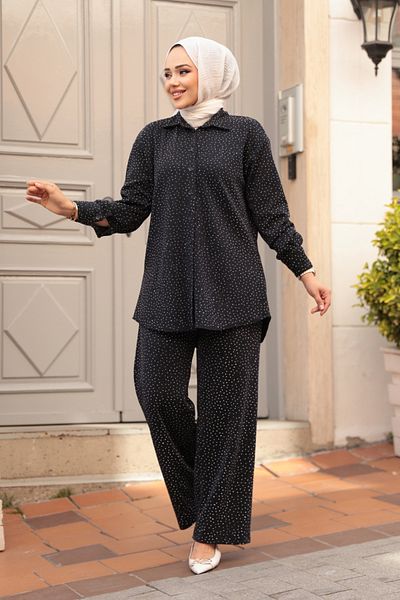 N.S NEVA STYLE Stoned Dark Navy Blue Hijab Double Set 12921Kl