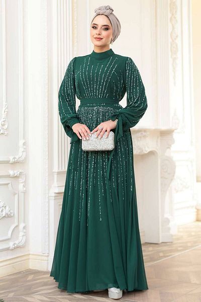 N.S NEVA STYLE - Βραδινό φόρεμα με χάντρες Πράσινο Hijab 25913Y