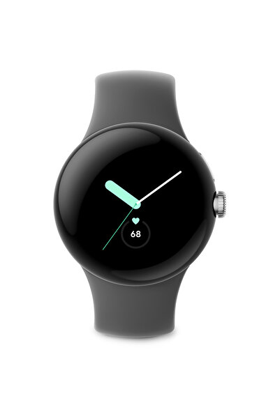 Google Google Pixel Watch Smartwatch, GPS, Polished Silver Stainless Steel Case, Charcoal Active band