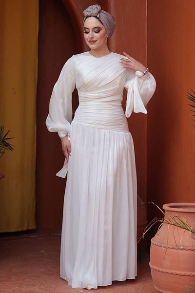 N.S NEVA STYLE White Hijab Evening Dress with Drape Detail 53631B