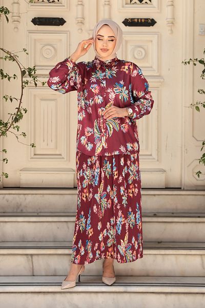 N.S NEVA STYLE Patterned Burgundy Hijab Skirt Double Set 13028Br