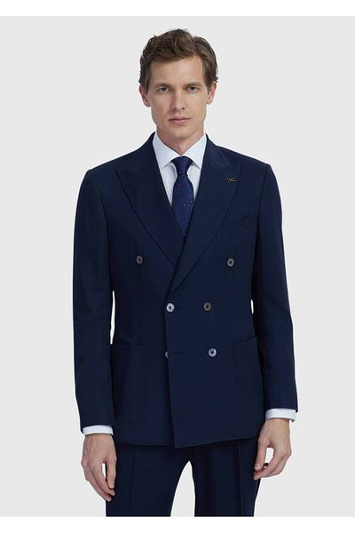 Ramsey Navy Blue Plain Zeroweight Slim Fit Wool Blended Suit