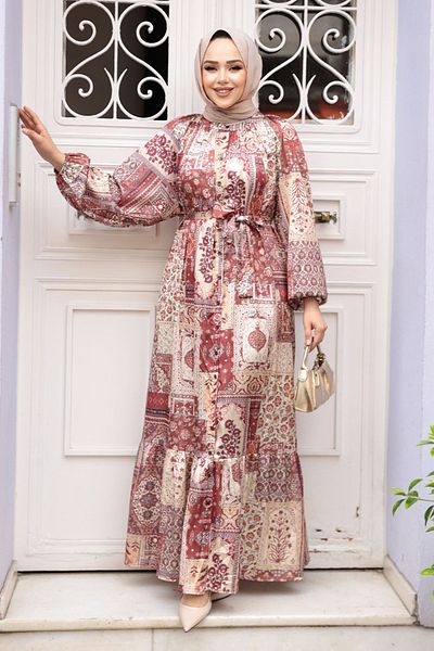 N.S NEVA STYLE Φόρεμα Μπεζ Μοτίβο Hijab 23155BEJ