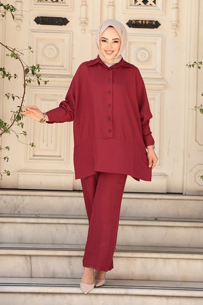 N.S NEVA STYLE Buttoned Burgundy Hijab Double Set 67751Br