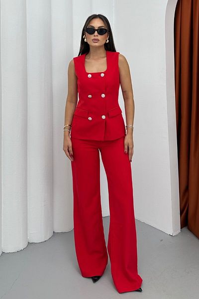 spirituel Women's Double Bottom Top Set Stylish Button Detailed Square Neck Vest Pants Set