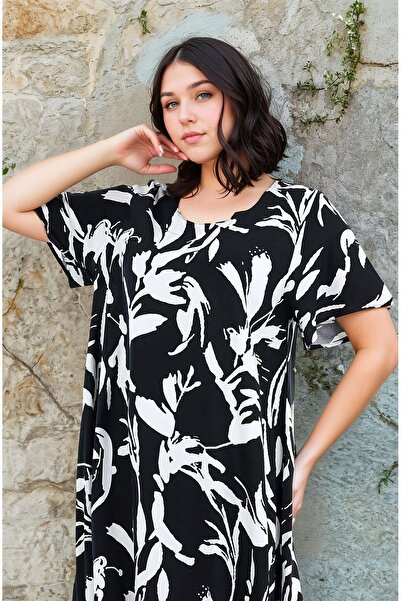 Burcumay Γυναικείο φόρεμα μεγάλου μεγέθους με τετράγωνο λαιμόκοψη και κοντό μανίκι με σχέδιο μίντι βισκόζη Μαύρο λεπτό φόρεμα διακοπών στην παραλία