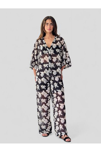 Retrobird Design Shorts Lined Chiffon Trousers Women Black White