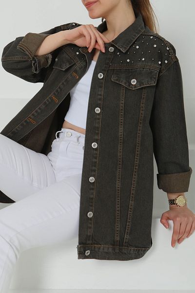 TOFİSA Women's Shoulder Stone Detailed Oversize Denim Jacket Brown Tint Wash - 27198