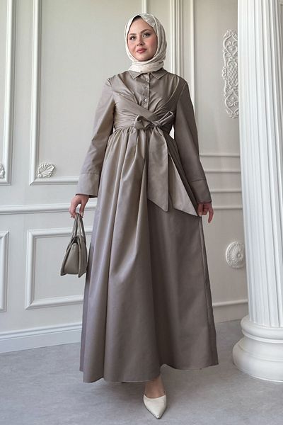 InStyle Wide Sleeve Tie Detail Poplin Mink Dress