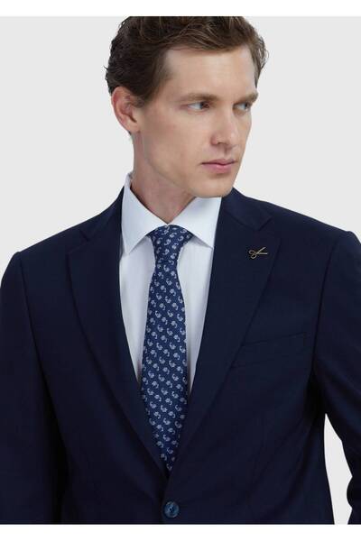Ramsey Navy Blue Straight Modern Fit Wool Blended Suit