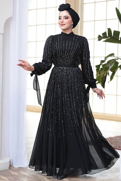 N.S NEVA STYLE Rochie de seară hijab neagră brodata cu mărgele 25913S