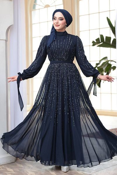N.S NEVA STYLE Βραδινό φόρεμα Hijab με χάντρες Navy Blue 25913L