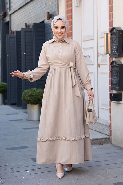 N.S NEVA STYLE Μπεζ Φόρεμα Hijab με Λεπτομέρεια Δεσίματος 6205BEJ