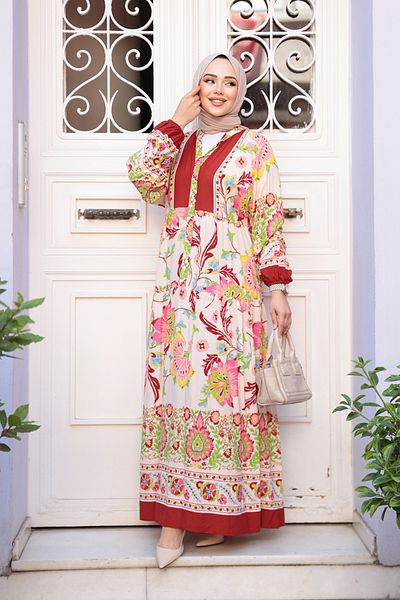 N.S NEVA STYLE Φόρεμα Hijab με μοτίβο λουλουδιών Claret Red 24012BR