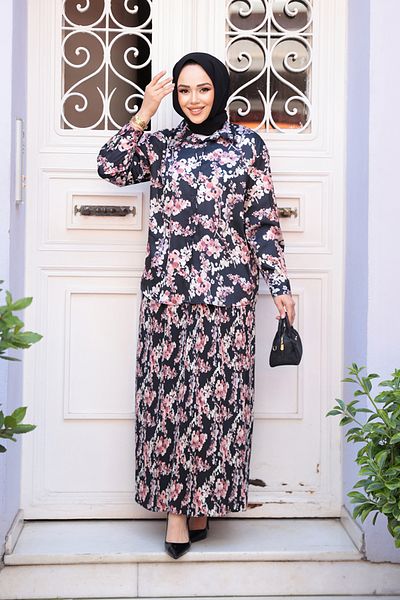 N.S NEVA STYLE Patterned Black Hijab Skirt Double Suit 13027S