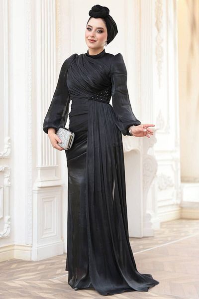 N.S NEVA STYLE Μαύρο Χιτζάμπ Βραδινό Φόρεμα με Drapery Detail 52585S