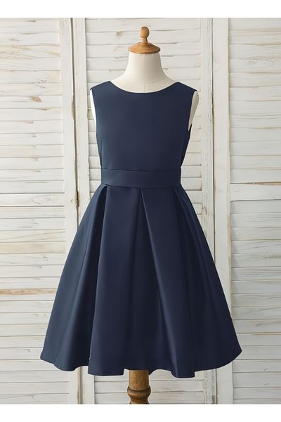 NSMLİFE Girls Navy Blue Plain Mini Satin Dress Evening Dress Graduation Birthday Reading Day Dress