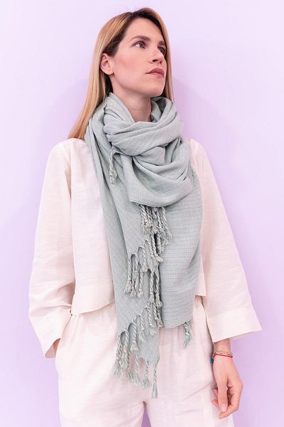 Defne&Apollon İpekçilik Hand Woven Peace Silk Wide Shawl 95 X 200 cm - Water Green