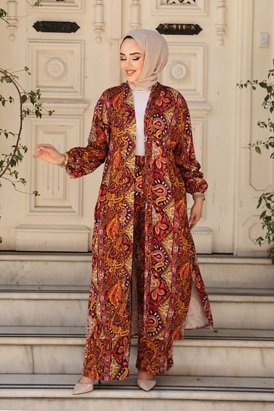 N.S NEVA STYLE Patterned Orange Hijab Double Kimono Set 12885t
