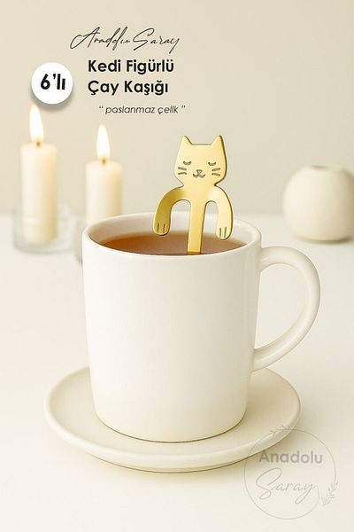 Anadolu Saray 6-Piece Gold Stainless Steel Teaspoon with Cat Figure Hanging on the Edge of the Cup Ideal for Stylish Presentation