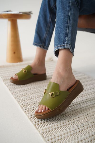 Zerenyus Nelly Premium Khaki Green Genuine Leather Slippers