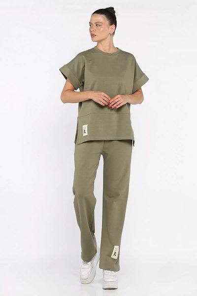 GÜLSELİ Khaki Women's Plus Size Embroidered T-Shirt Pants Two-Piece Set