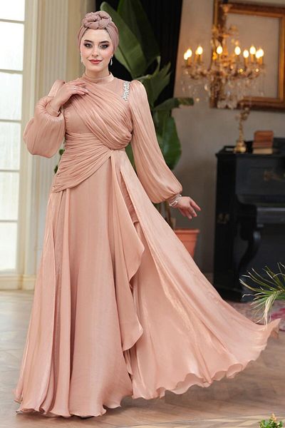 N.S NEVA STYLE Βραδινό φόρεμα μπισκότου Hijab με ντραπέ 51641BS