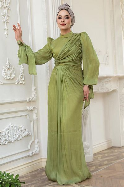N.S NEVA STYLE Drape Detailed Green Hijab Evening Dress 52285Cy