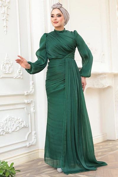 N.S NEVA STYLE Βραδινό φόρεμα Hijab με λεπτομέρεια πράσινο 52585Y