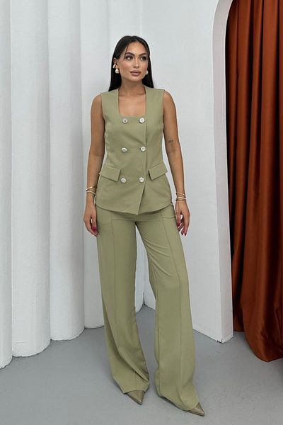 spirituel Women's Double Bottom Top Set Stylish Button Detailed Square Neck Vest Pants Set