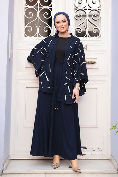 N.S NEVA STYLE Patterned Navy Blue Hijab Double Kimono Set 12892L