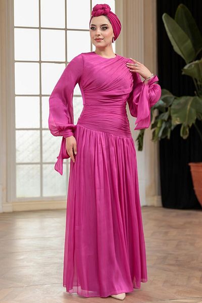 N.S NEVA STYLE Drape Detailed Fuchsia Hijab Evening Dress 53631F