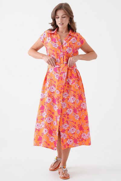 Saade Orange Zero Sleeve Belted Woven Dress