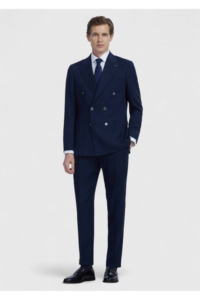 Ramsey Navy Blue Plain Zeroweight Slim Fit Wool Blended Suit