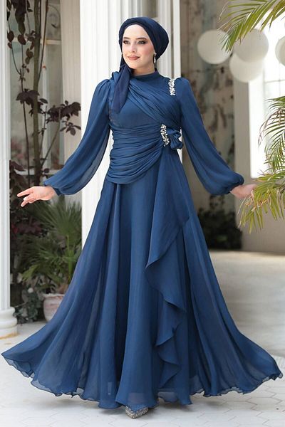 N.S NEVA STYLE Βραδινό φόρεμα Hijab Navy Blue με λεπτομέρεια ντραπέ 51641L